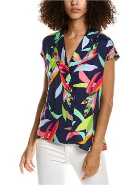 NWT Trina Turk Comfort Shirt Navy Multicolored Tropical Birds of Paradise L $268